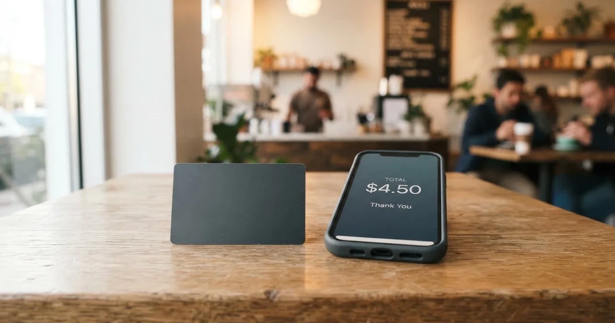 A payment card next to a phone with a crypto wallet app open