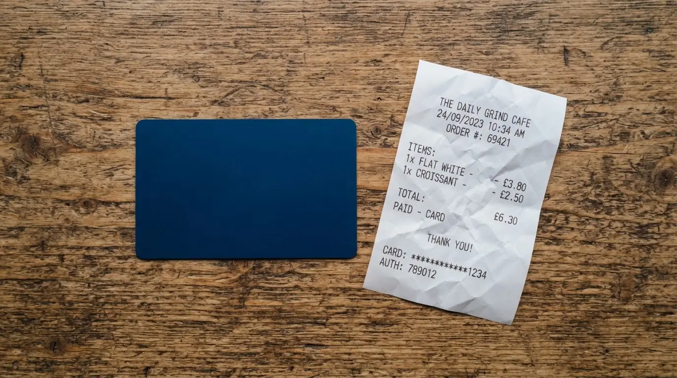 A receipt and a card on a café table