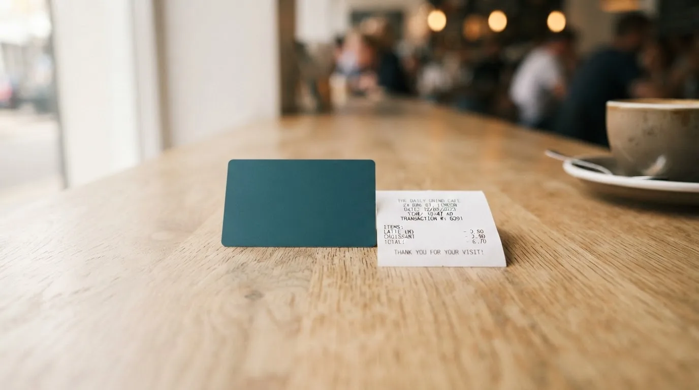 A receipt and a card on a café table