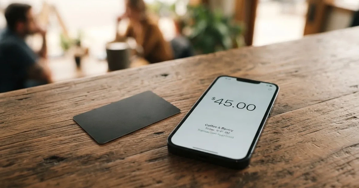 A payment card next to a phone with a crypto wallet app open