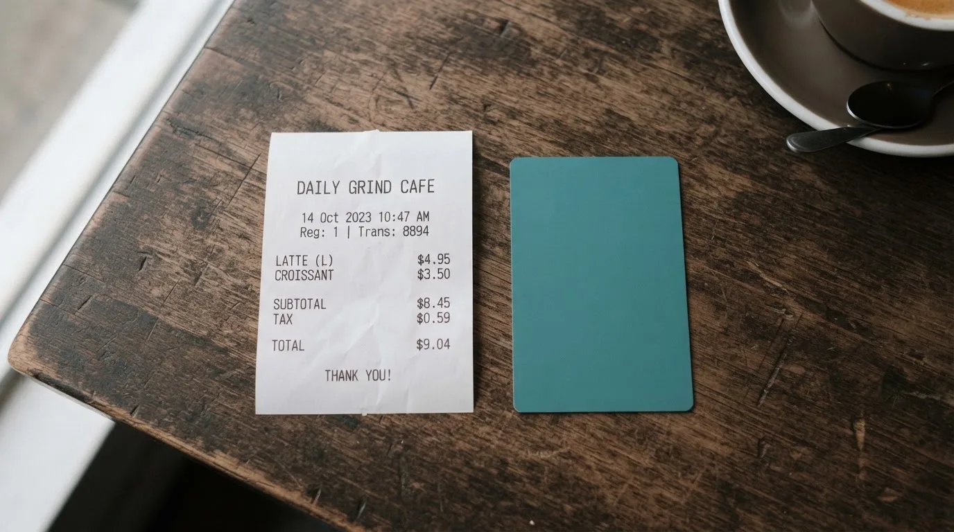 A receipt and a card on a café table