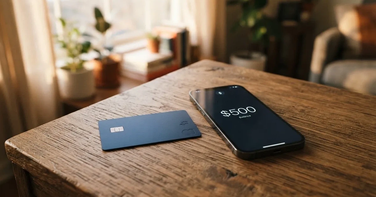 A payment card next to a phone with a crypto wallet app open