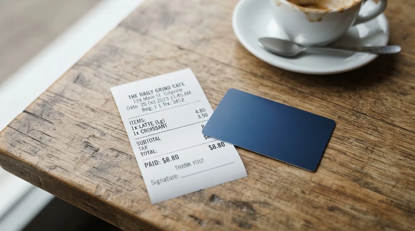A receipt and a card on a café table