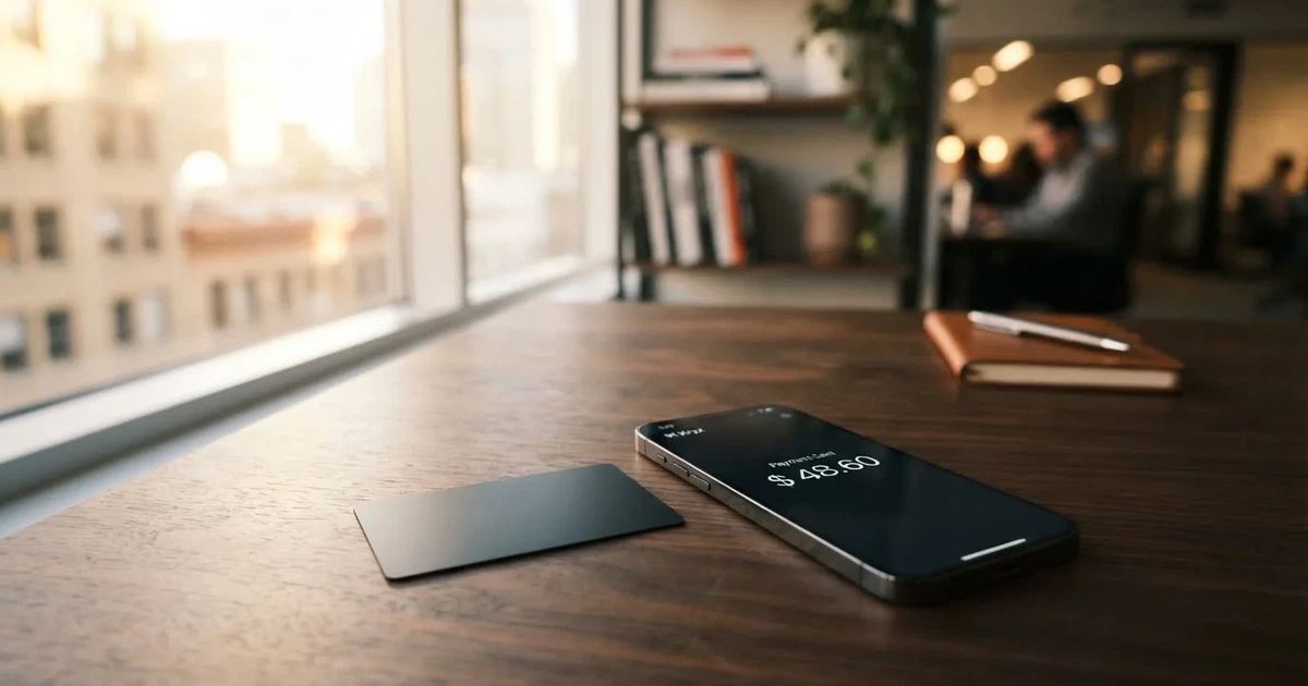 A payment card next to a phone with a crypto wallet app open