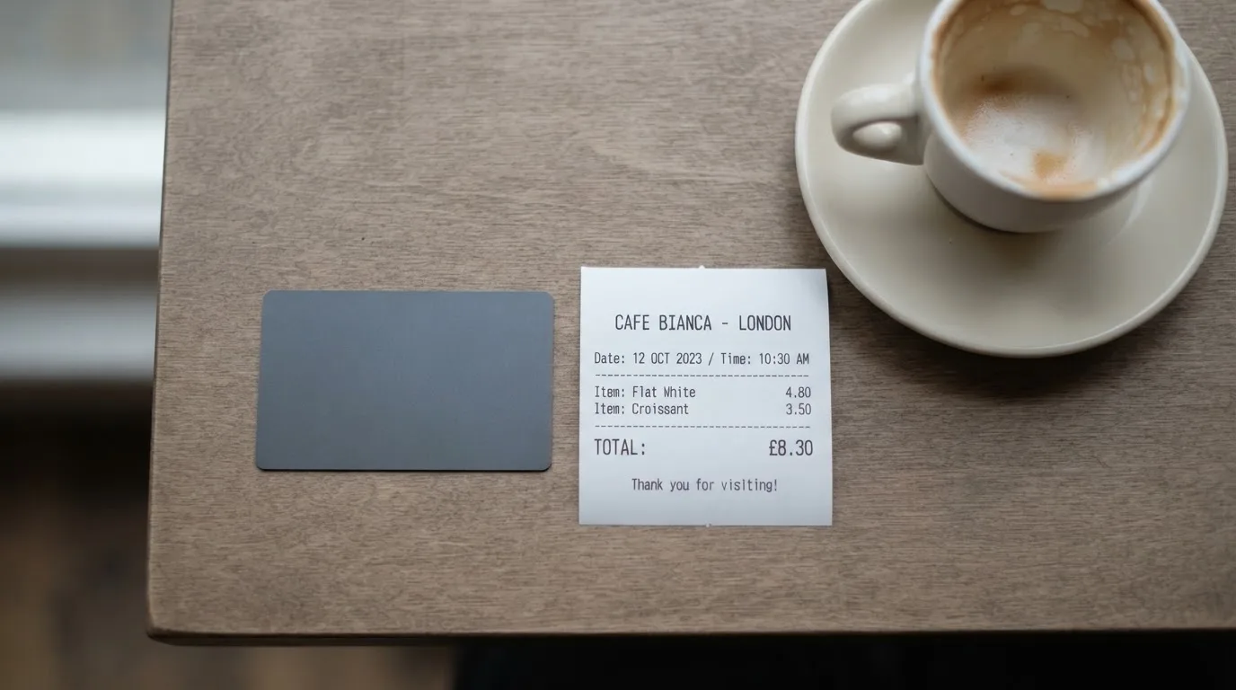A receipt and a card on a café table