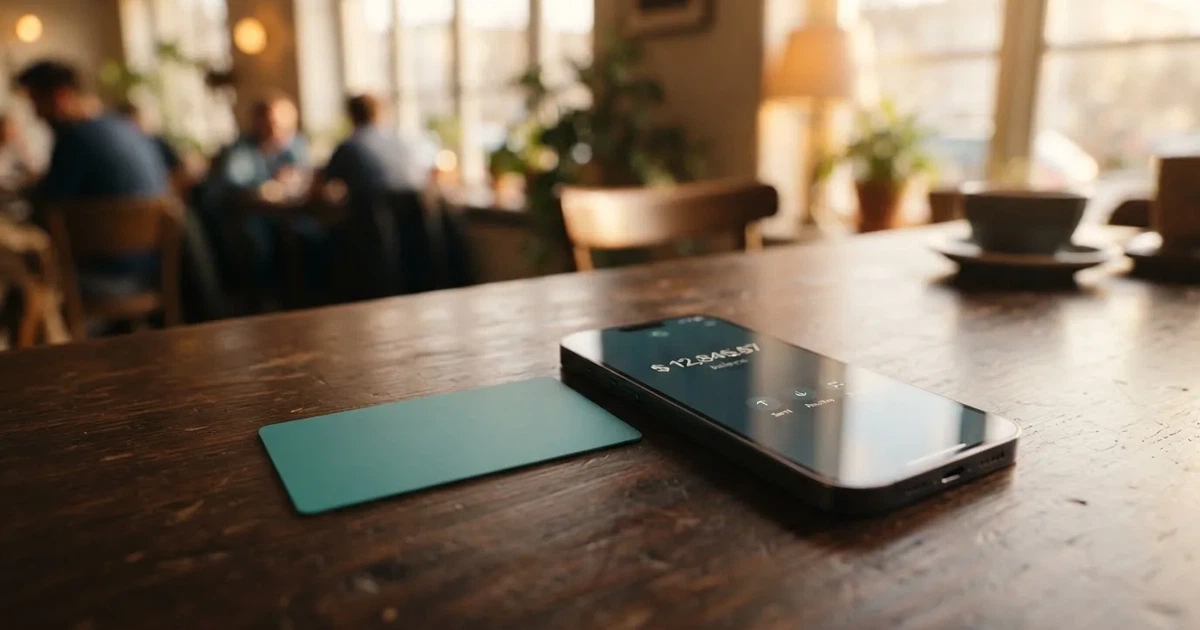 A payment card next to a phone with a crypto wallet app open