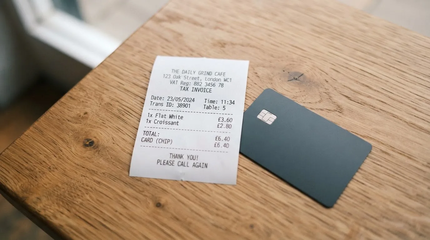 A receipt and a card on a café table