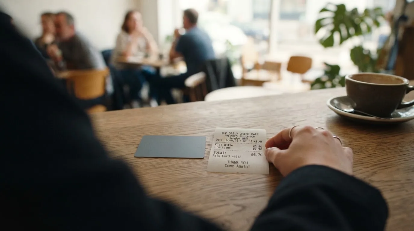 A receipt and a card on a café table