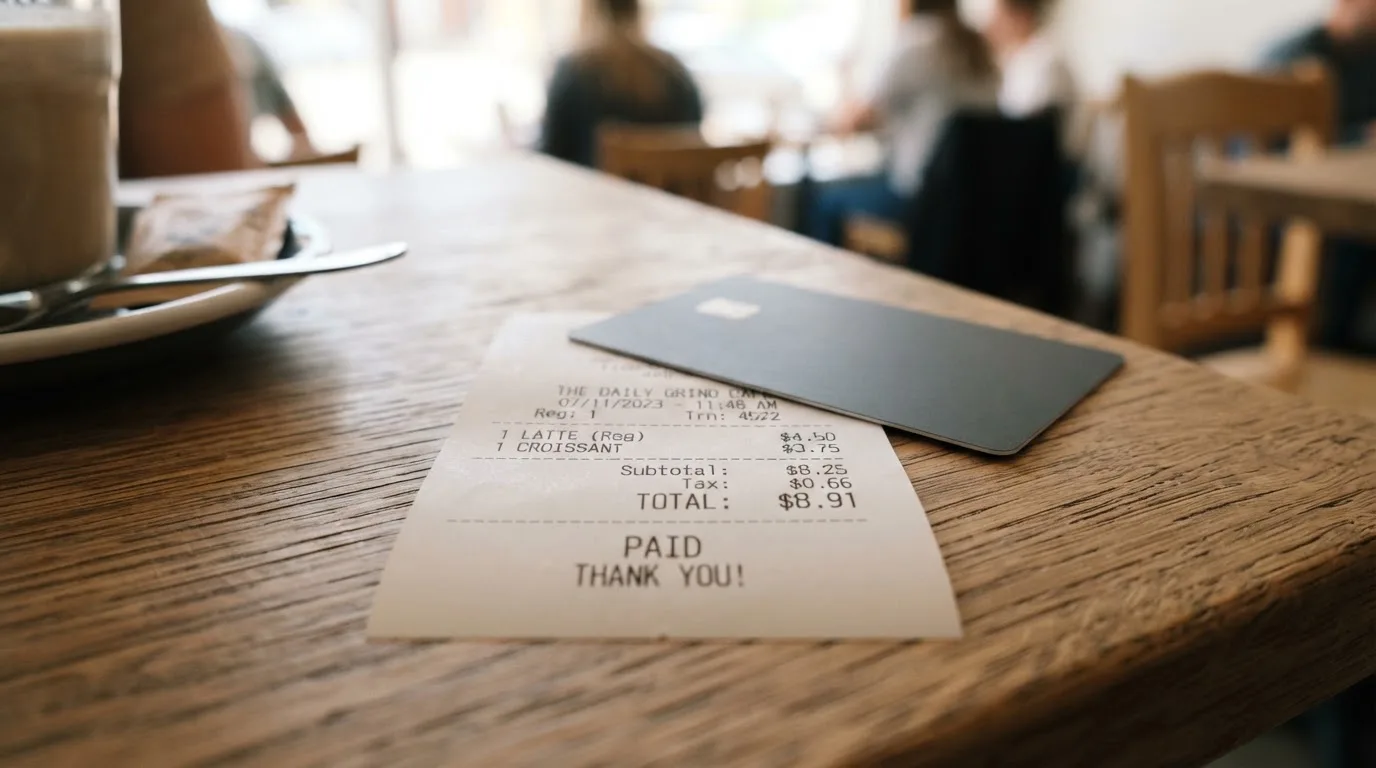 A receipt and a card on a café table