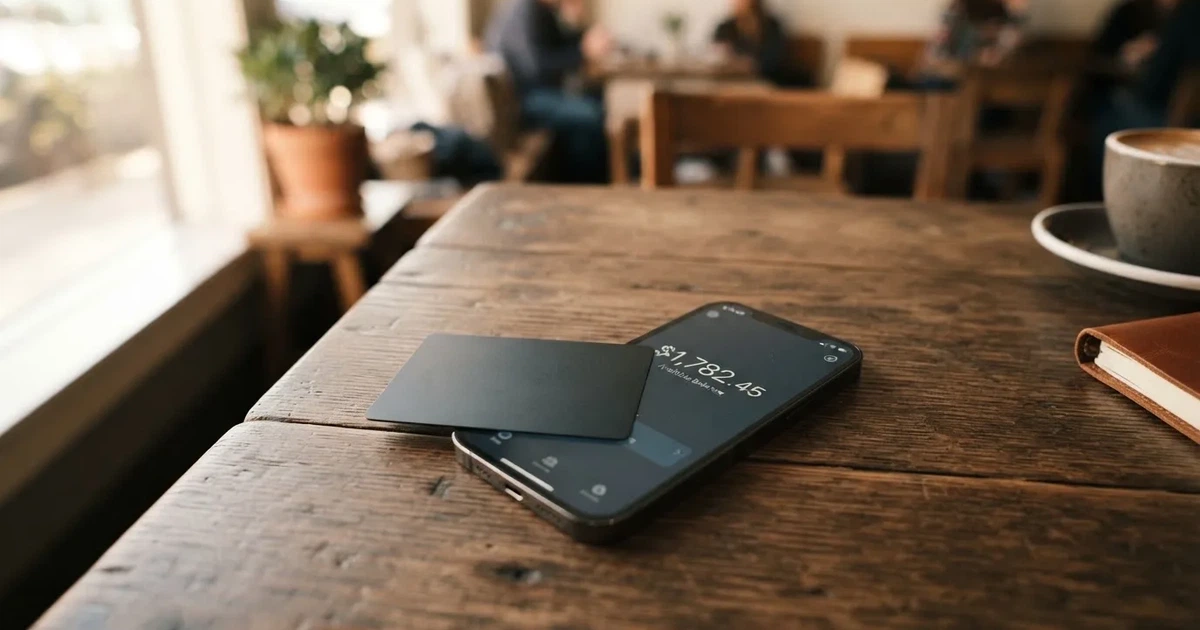 A payment card next to a phone with a crypto wallet app open