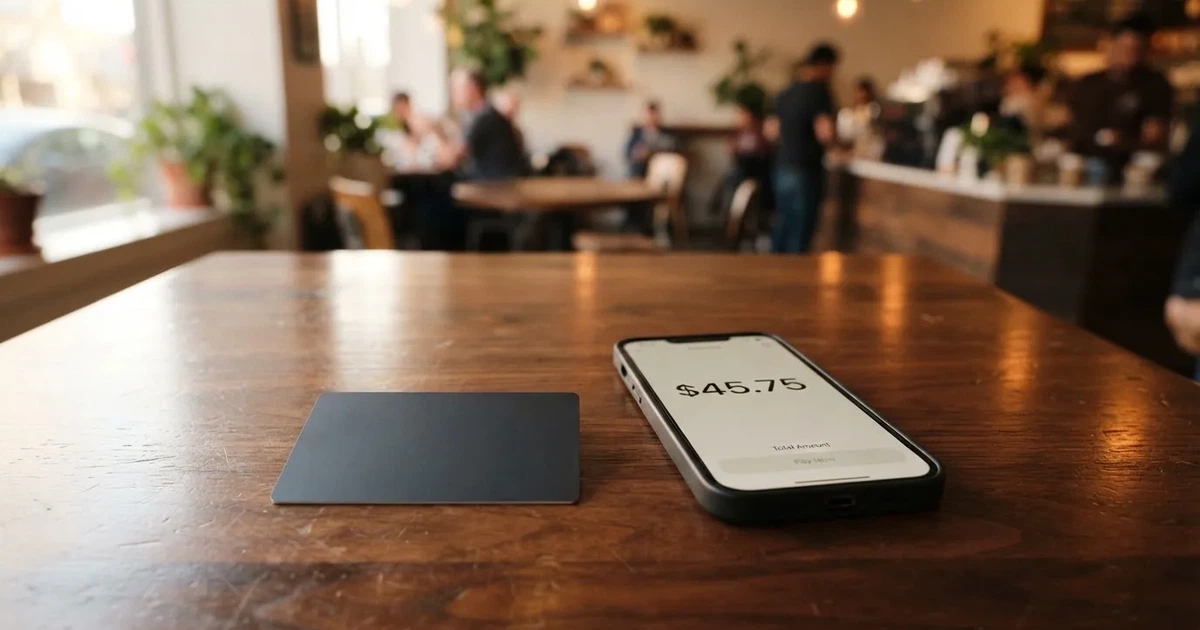 A payment card next to a phone with a crypto wallet app open