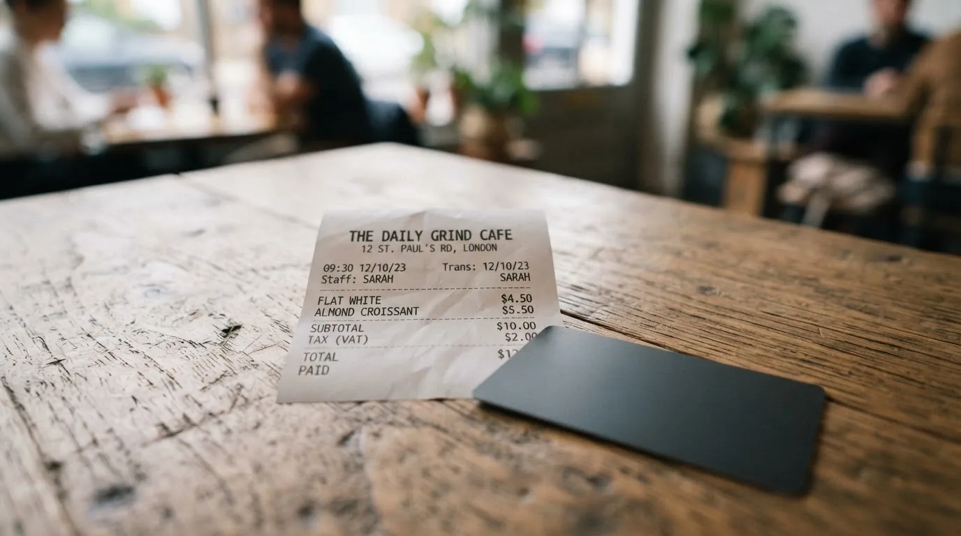 A receipt and a card on a café table