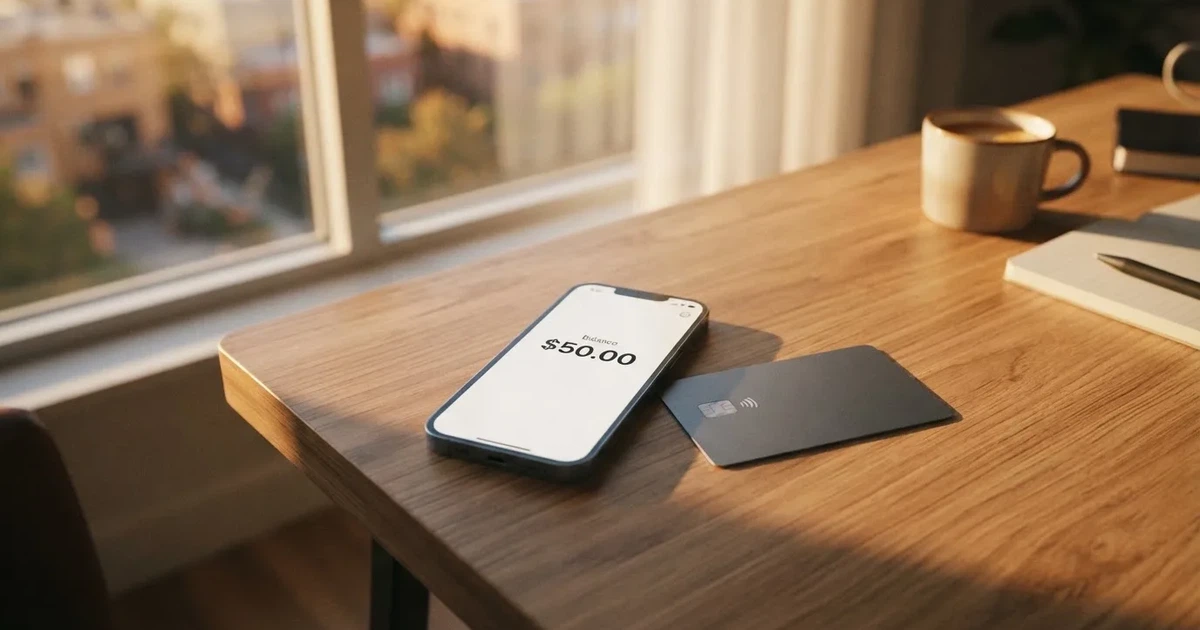 A payment card next to a phone with a crypto wallet app open